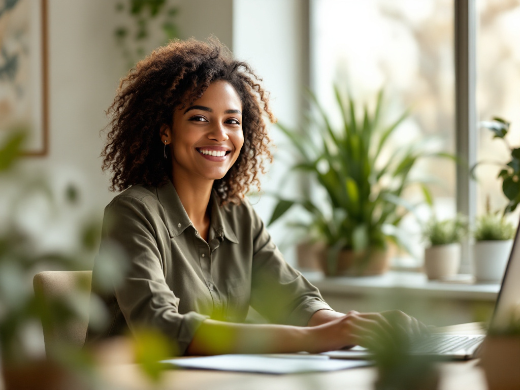 A smiling person working at a desk