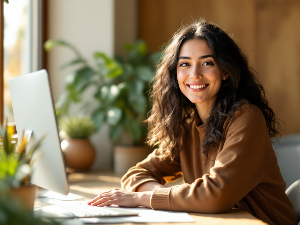 A friendly person smiling at their workspace