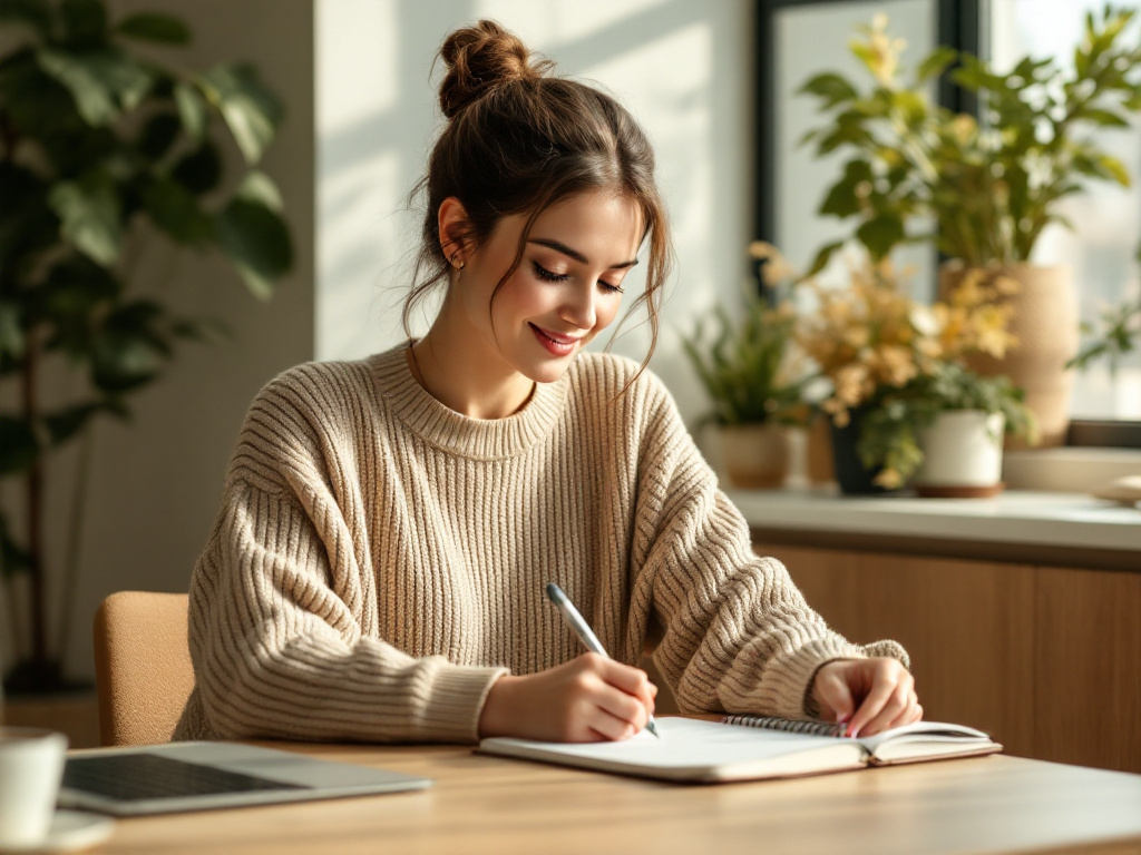 A woman writing in a notebook beside her laptop